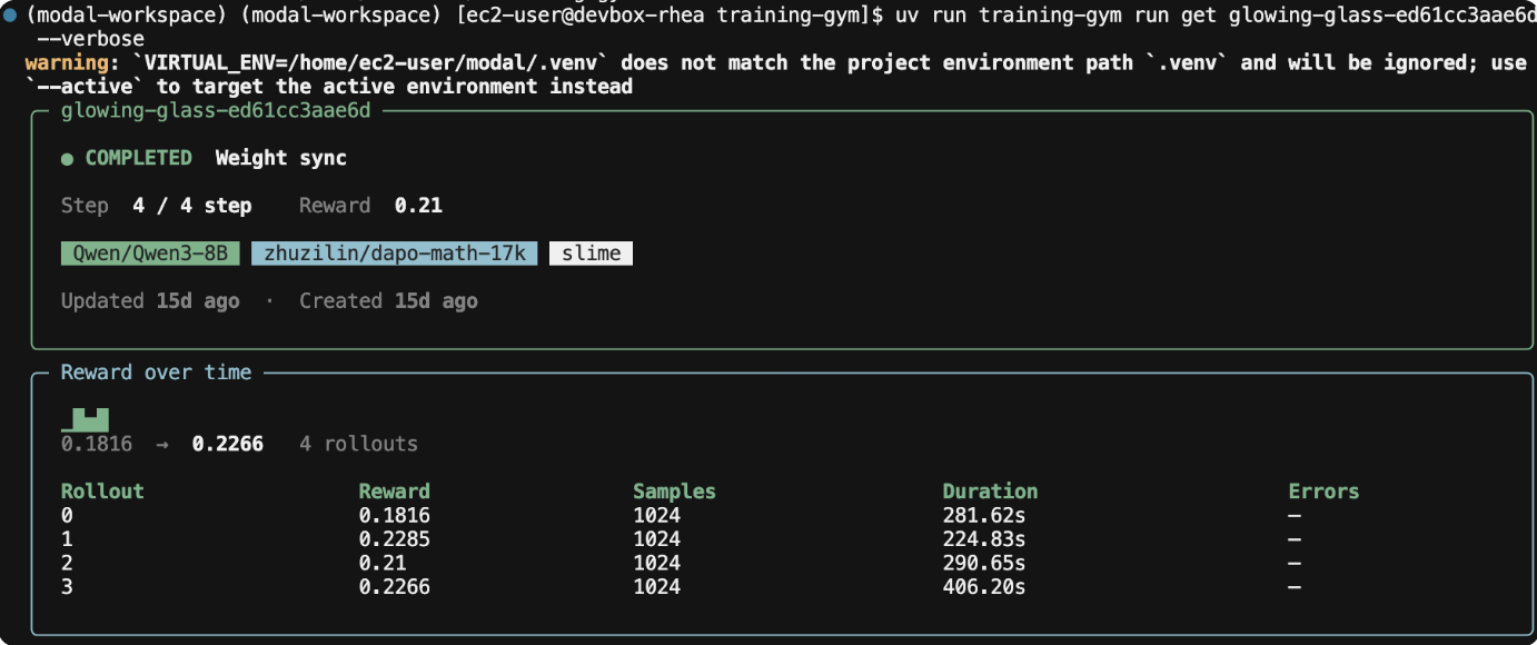 Training Gym CLI output for a training run